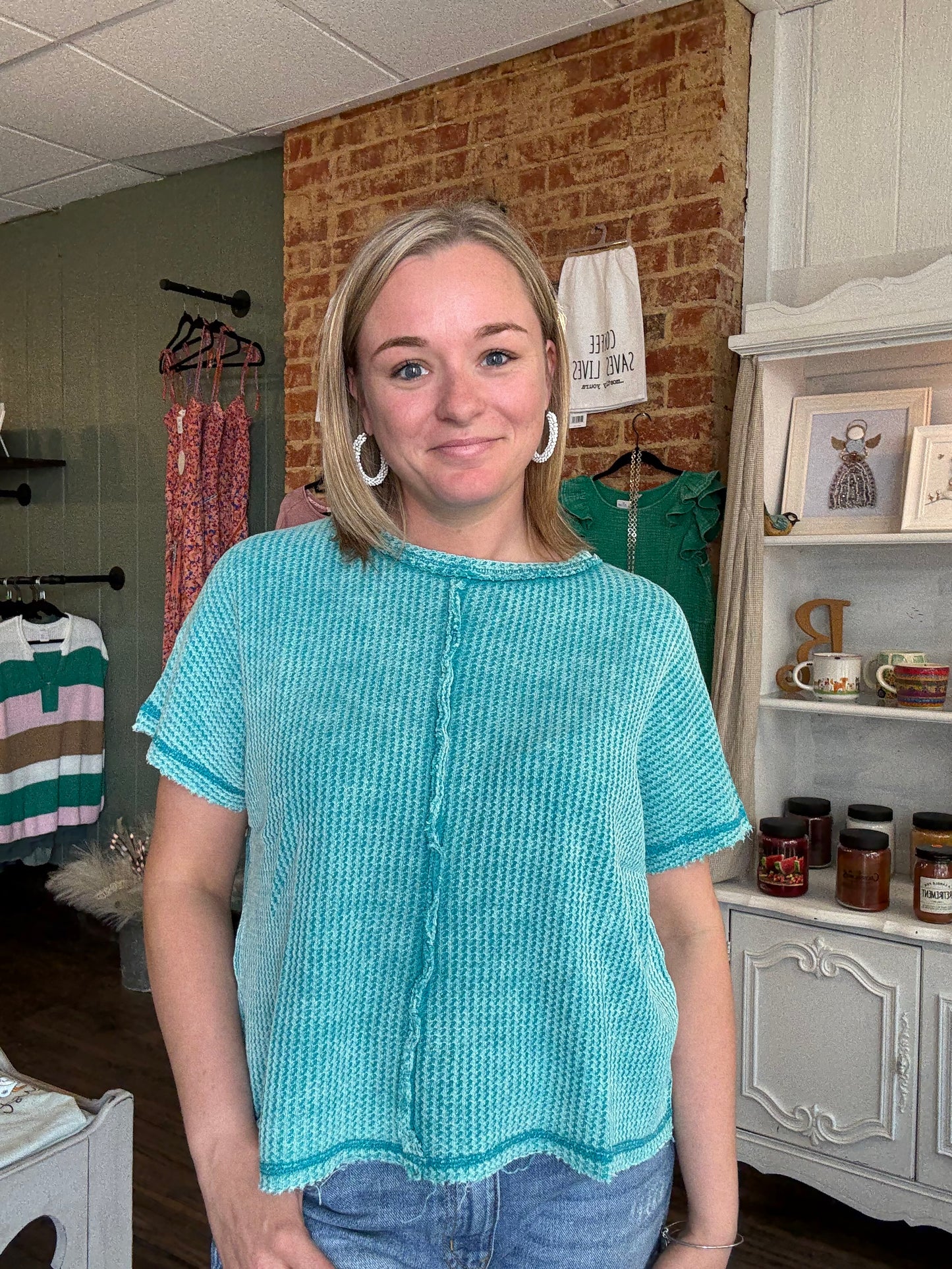 Teal Waffle Knit Top