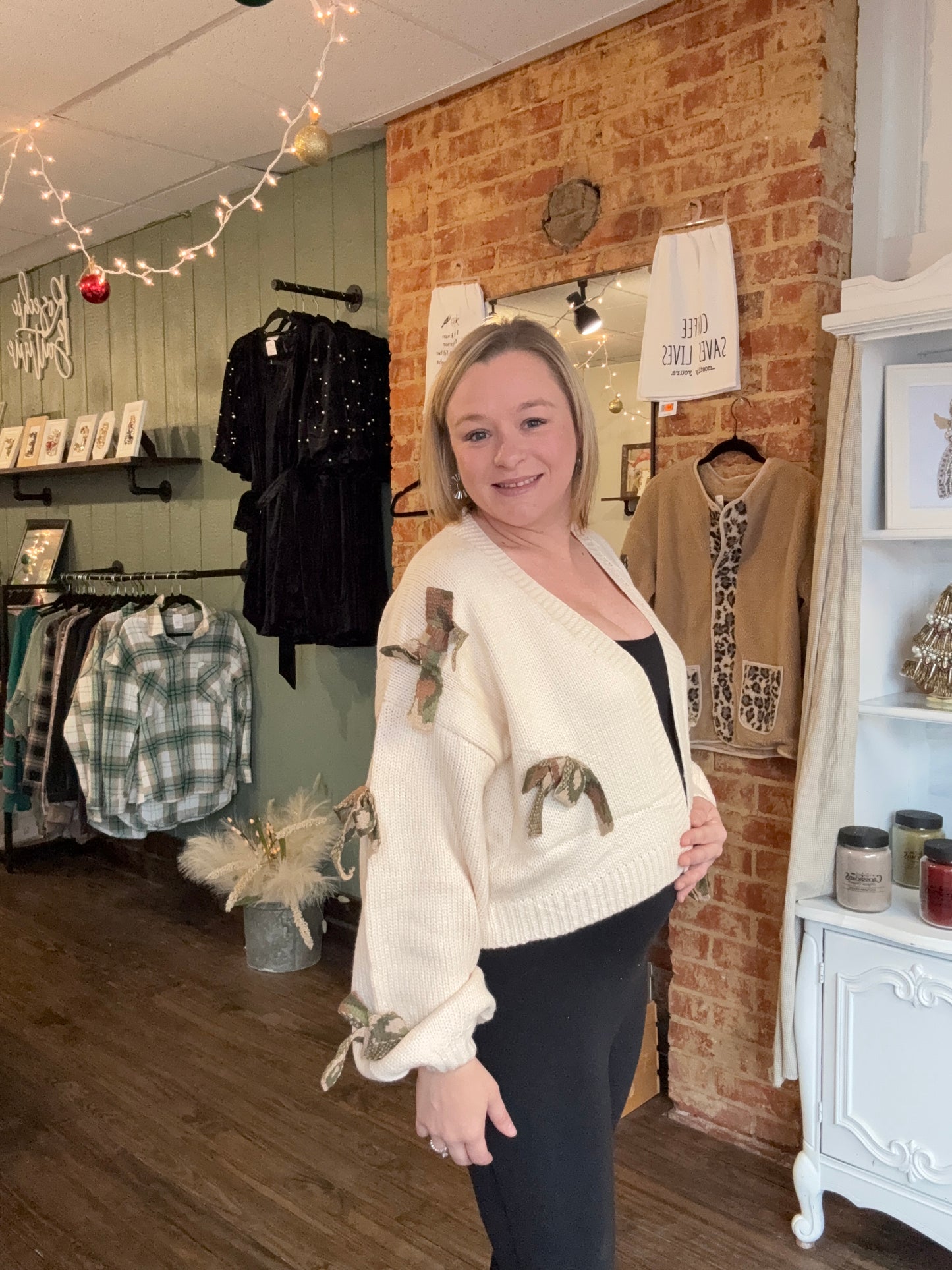 Oatmeal Cardi with Camo Bows