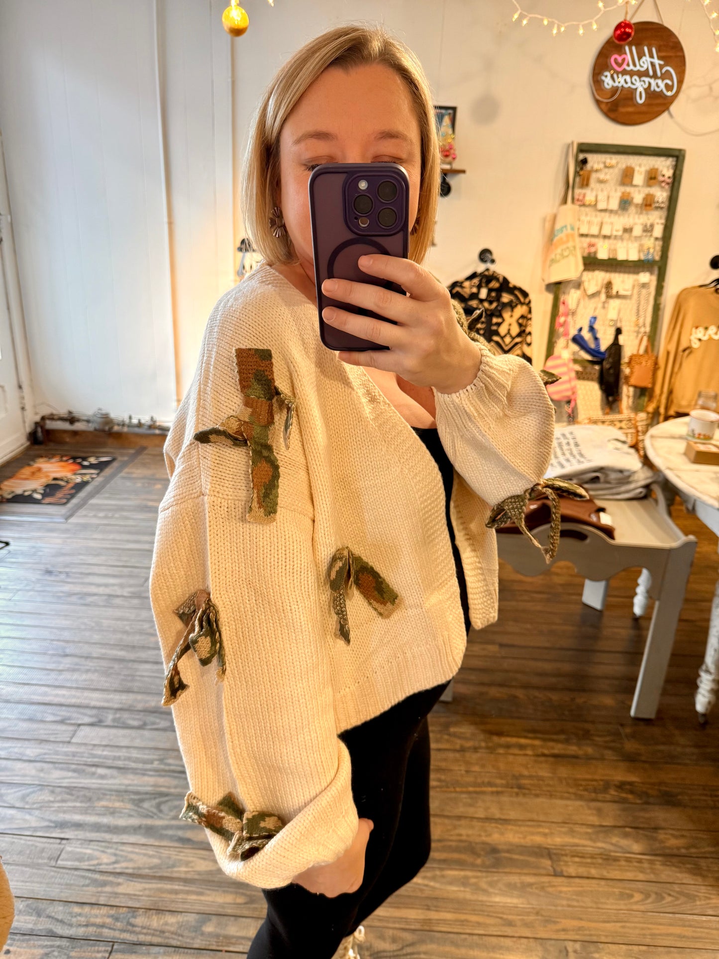 Oatmeal Cardi with Camo Bows