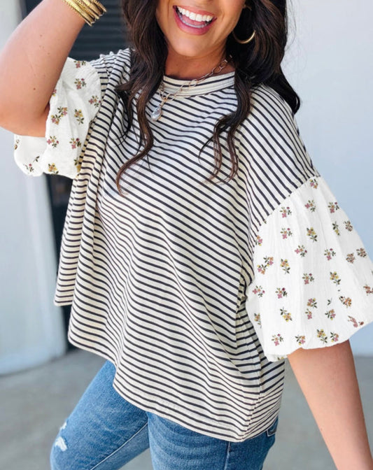 Black Stripe Floral Puff Sleeve