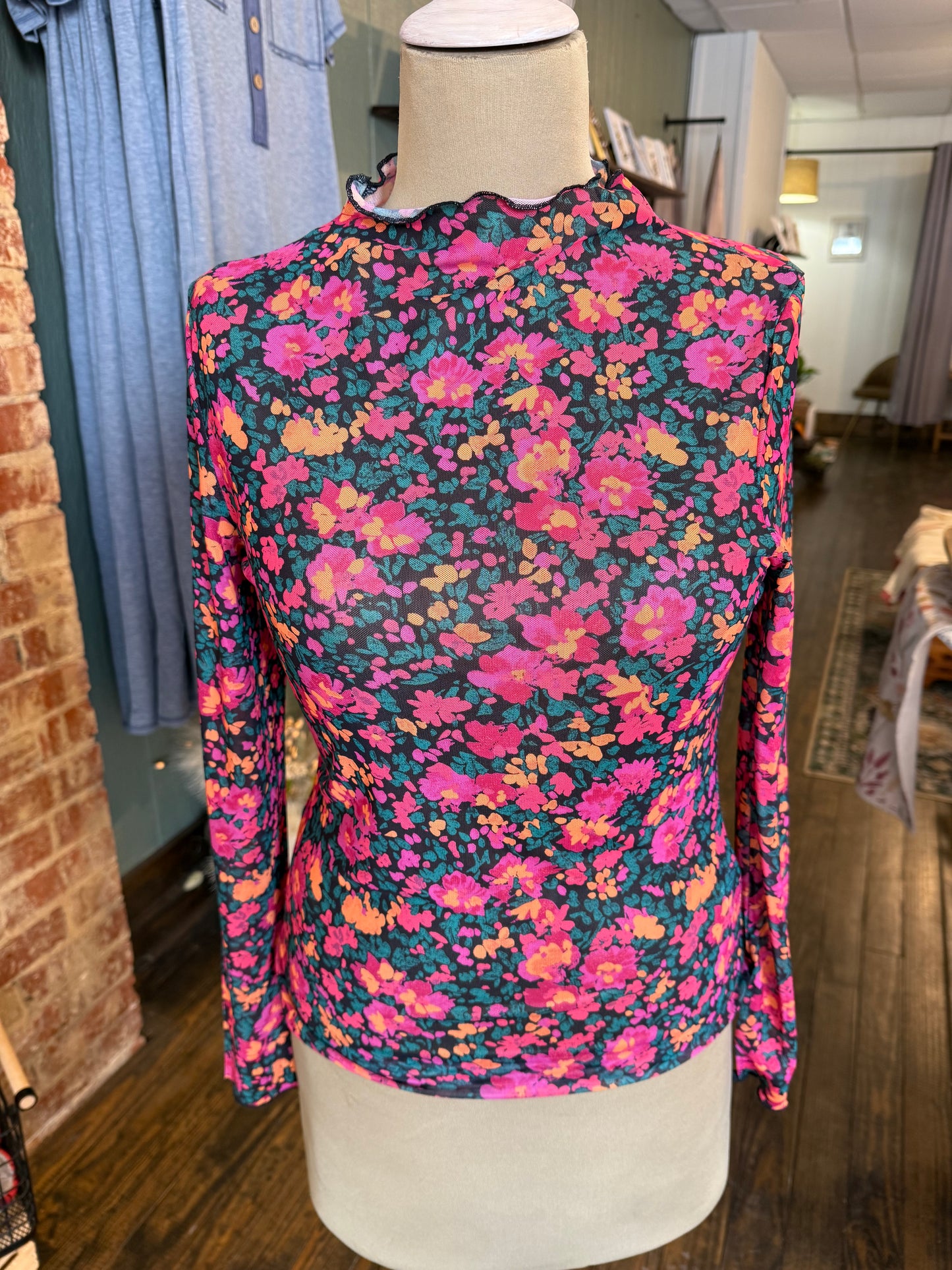 Pink Floral Mesh Top